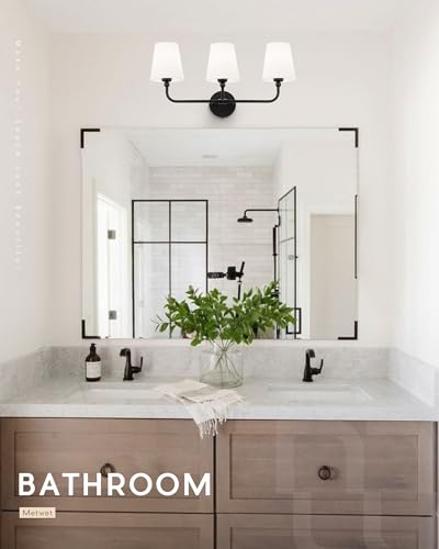 Bathroom Light Fixtures, Matte Black Vanity Lights with Flared White Fabric Shade, 3 Light Wall Sconce, Modern Sconces Wall Lighting for Hallway Bedroom, VL837-MB-3 | 24.5" bathroom light fixtures over mirror, upward only, E26 base, bulbs not included, VL