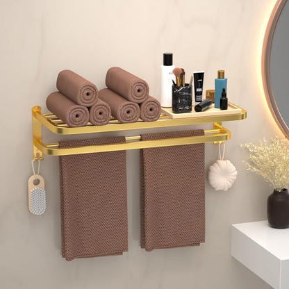23 Inch Gold Bathroom Towel Rack Towel Shelf with Double Towel Bars Lavatory Wall Mount Holder with Hooks Golden Stainless Steel Hotel Bath Rack - color: Gold