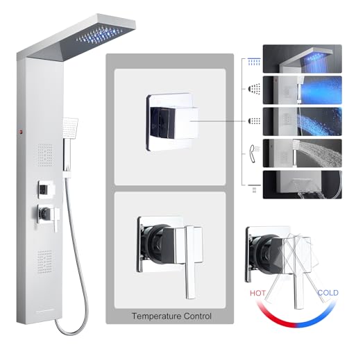 5-in-1 LED Shower Panel Tower System Stainless Steel Brushed Nickel | Rainfall head | 2-in-1 body jets | Handheld shower | Tub spout | LED lights | Wall mount - color: Brushed Nickel