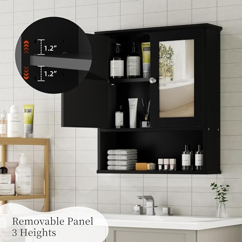 Shintenchi Bathroom Medicine Cabinet with Mirror, Wall Mounted, Black | Over The Toilet Cupboard, Adjustable Shelf, Open & Concealed Storage, 2 Magnet Doors, Space-Saving, Easy to Clean - color: Black