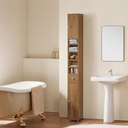 SoBuy Bathroom Narrow Storage Cabinet Skinny Tall Unit with Adjustable Shelves Slender Anti-Tipping Floor Standing Cupboard, Natural BZR34-PF | Slim Freestanding Cupboard Bathroom Storage Unit with Drawer, Compact Water-Resistant Design, Natural 20x20x180