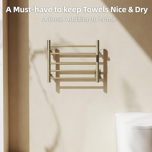 P&Dlusir EL13 Heated Towel Rack, Brushed Gold, 5 Bar | Fast Heat in 2 Min, Smart Timer, Thermo Control, Memory Functoion, Stainless Steel, Hard-Wired/Plug-in - color: Brushed Gold, size: 21.65"W x 17.72"H