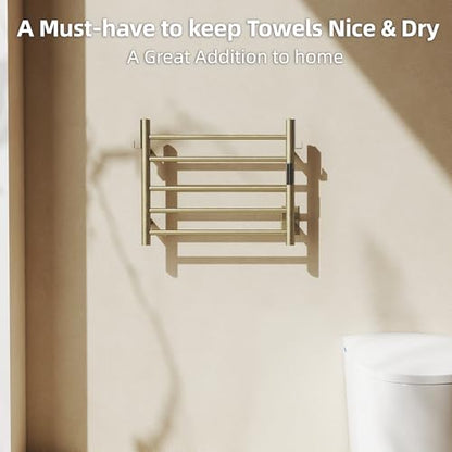 P&Dlusir EL13 Heated Towel Rack, Brushed Gold, 5 Bar | Fast Heat in 2 Min, Smart Timer, Thermo Control, Memory Functoion, Stainless Steel, Hard-Wired/Plug-in - color: Brushed Gold, size: 21.65"W x 17.72"H
