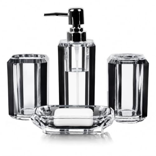 LGURT 4pc Crystal Acrylic Bathroom Set, Brushed Black Edge Accents | soap dispenser, soap dish, rinse cup & holder, with brushed black accent. For apartment, guest bath, or vanity countertop. - color: Black