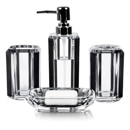 LGURT 4pc Crystal Acrylic Bathroom Set, Brushed Black Edge Accents | soap dispenser, soap dish, rinse cup & holder, with brushed black accent. For apartment, guest bath, or vanity countertop. - color: Black