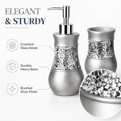 Creative Scents 4 Pc. Resin Bathroom Accessory Set | Silver Crackled Glass | Includes Soap Dispenser, Toothbrush Holder, Tumbler Cup and Soap Dish - style: 4 Pc Set