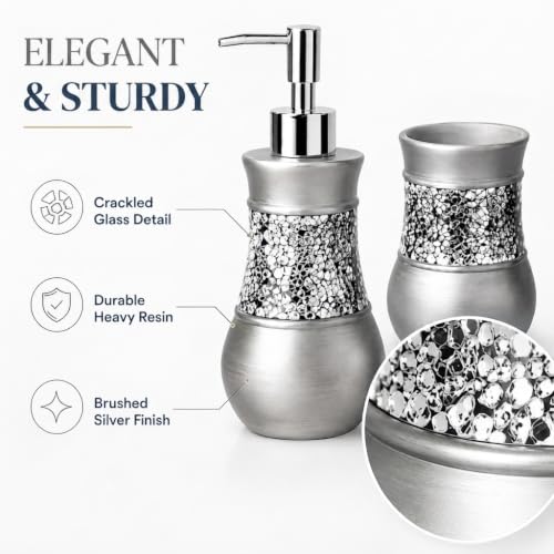 Creative Scents 4 Pc. Resin Bathroom Accessory Set | Silver Crackled Glass | Includes Soap Dispenser, Toothbrush Holder, Tumbler Cup and Soap Dish - style: 4 Pc Set