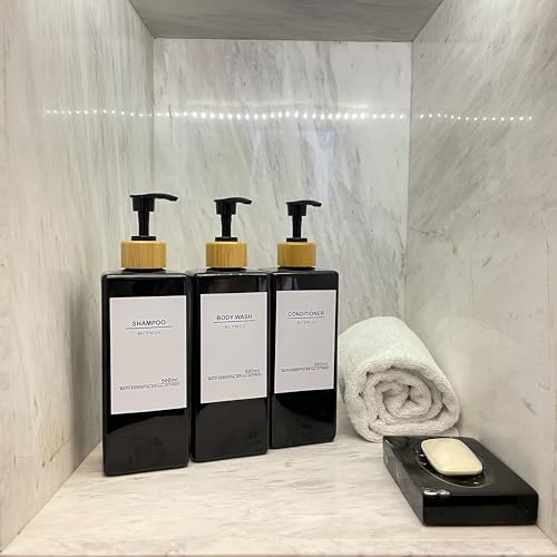 Shampoo and Conditioner Dispenser, No Drill, 16 Waterproof Labels | Shampoo Dispenser for Shower Wall, Shower Soap Dispenser Wall Mounted 3 Chamber, Bathroom, 17oz, Bamboo Black - color: Black Bottle + Bamboo Pump