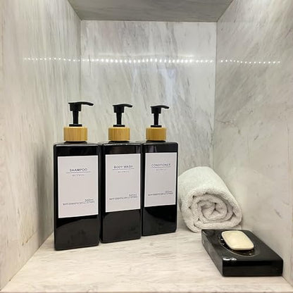 Shampoo and Conditioner Dispenser, No Drill, 16 Waterproof Labels | Shampoo Dispenser for Shower Wall, Shower Soap Dispenser Wall Mounted 3 Chamber, Bathroom, 17oz, Bamboo Black - color: Black Bottle + Bamboo Pump