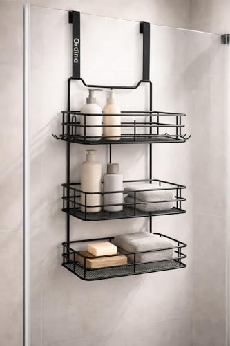 Ordina Over The Door Shower Caddy – 3 Tier Bathroom Organizer, Rustproof Hanging Storage Rack for Shampoo, Soap & Essentials – Matte Black Powder-Coated Steel
