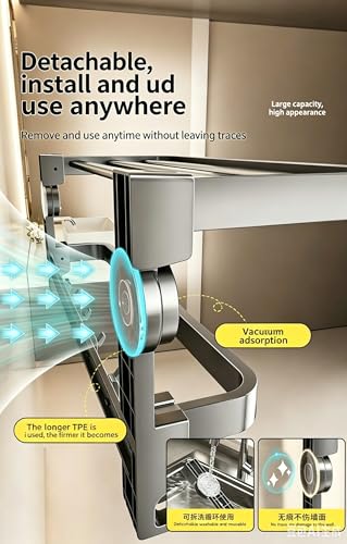 Wall-Mounted Towel Rack with Hooks, Foldable Bathroom Shelf, No Drilling Suction Cup Storage Organizer, Brushed Silver