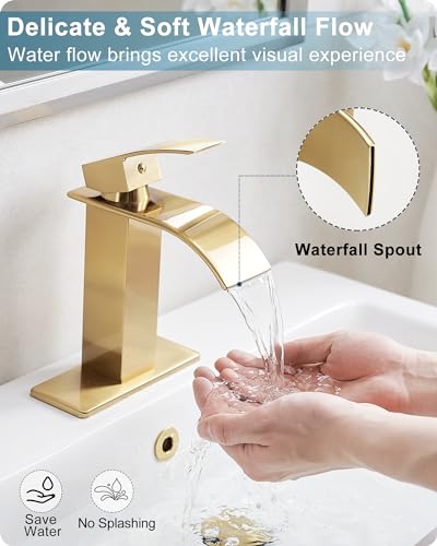 Gold Bathroom Faucet Waterfall, Brass Bathroom Faucets Single Hole or 3 Hole 4 Inch, Single Handle Bathroom Sink Faucet with Deck Plate & Drain - color: Brushed Gold - Elegant