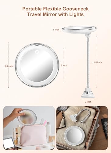Brightown 10x Magnifying Mirror with Light,Flexible Gooseneck Make up Mirror with Lights and Magnification, Battery Operated with Suction Cups for Wall Bathroom Silver 3 Lighting | Wall-Mounted Lighted Vanity Makeup Mirror, Cordless Battery Operated LED M