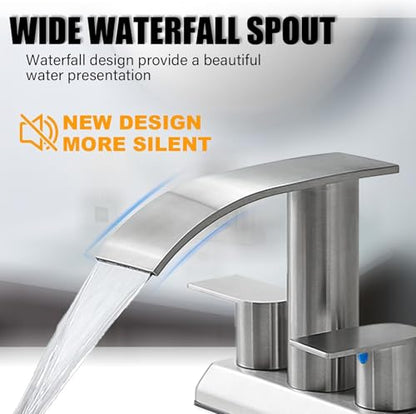 IKEBANA Brushed Nickel Waterfall Bathroom Faucet,2 Handle Stainless Steel 4 inch Bathroom Sink Faucet Modern Waterfall Spout Faucets Lead-Free Faucets with Supply Hoses and Pop-up Drain, IK-ZT2317L - color: Brushed Nickel