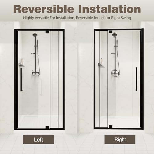 32-36" W x 72" H Semi-Frameless Pivot Swing Shower Doors | 1/4" (6mm) Clear SGCC Tempered Glass with a 20.3" walk-in opening, Matte Black Finish, Reversible, Magnetic Closing - color: Matte Black, size: 32" - 36"