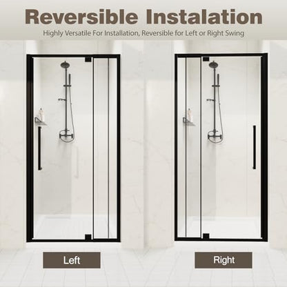 32-36" W x 72" H Semi-Frameless Pivot Swing Shower Doors | 1/4" (6mm) Clear SGCC Tempered Glass with a 20.3" walk-in opening, Matte Black Finish, Reversible, Magnetic Closing - color: Matte Black, size: 32" - 36"