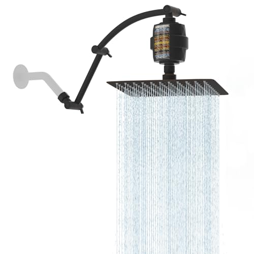 Hibbent 10'' Filtered Rain Shower Head, Extension Arm, Oil Rubbed Bronze | High Pressure Rainfall Showerhead, Brass Adjustable 16" Shower Head Extension Arm, 20 Stage Shower Filter, Fixed Showerheads - color: Oil Rubbed Bronze, style: Square 10'' with Fil