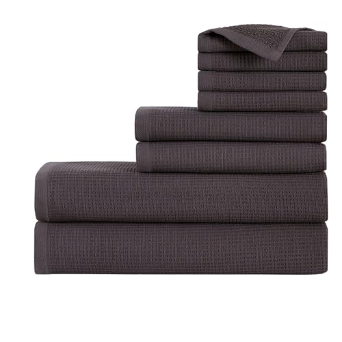 100% Turkish Cotton Dual-Sided Waffle and Terry Towel Set - Ultra Absorbent, Soft & Quick Dry - Bath Towels, Hand Towels & Washcloths (Charcoal, 8-Piece Complete Towel Set) - color: Charcoal, size: 8-Piece Complete Towel Set