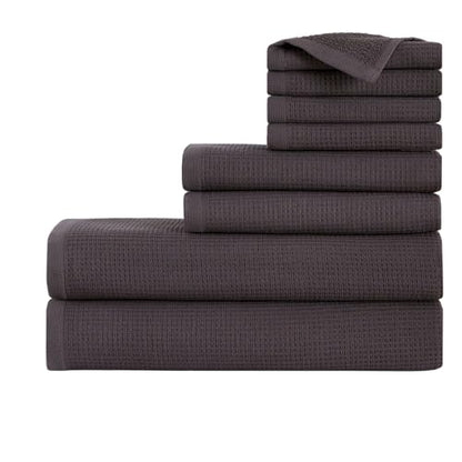 100% Turkish Cotton Dual-Sided Waffle and Terry Towel Set - Ultra Absorbent, Soft & Quick Dry - Bath Towels, Hand Towels & Washcloths (Charcoal, 8-Piece Complete Towel Set) - color: Charcoal, size: 8-Piece Complete Towel Set