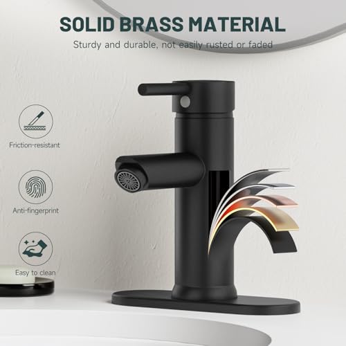 Bathroom Faucet for 1 or 3 Holes, Matte Black, Brass | Single Handle Bathroom Sink Faucets, Modern Commercial Lavatory Vanity Faucet, with Deck Plate and Supply Line, Pop Up Drain - color: Matte Black