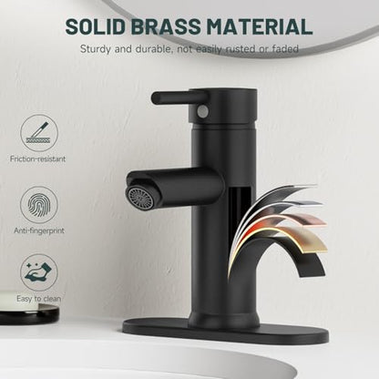 Bathroom Faucet for 1 or 3 Holes, Matte Black, Brass | Single Handle Bathroom Sink Faucets, Modern Commercial Lavatory Vanity Faucet, with Deck Plate and Supply Line, Pop Up Drain - color: Matte Black