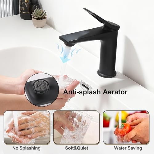 Rbrohant Single Hole Bathroom Faucet, Matte Black Single Handle Bathroom Sink Faucets for 1 Hole, Bathroom Vanity Faucet with Pop up Drain, Deck Mount, R2001-MB - color: Matte Black, style: No Escutcheon