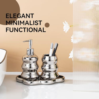 Silver Bathroom Accessory Set, 3-Piece Ceramic Bath Accessories Set with Tray, Lotion Dispenser, and Tumbler - color: Silver
