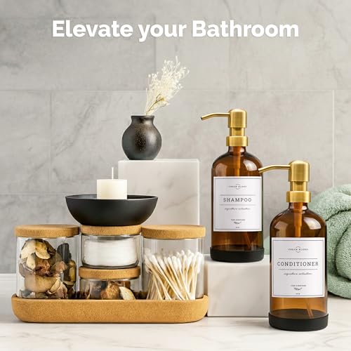 Vine Creations Amber Glass Soap Dispenser, 2 Pack Kitchen Soap Dispenser Set with Stainless Steel Pump, 16 oz Dish Soap and Hand Soap Dispensers for Bathroom with Waterproof Labels - color: Amber Bottle / Gold Pump