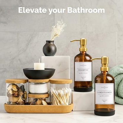 Vine Creations Amber Glass Soap Dispenser, 2 Pack Kitchen Soap Dispenser Set with Stainless Steel Pump, 16 oz Dish Soap and Hand Soap Dispensers for Bathroom with Waterproof Labels - color: Amber Bottle / Gold Pump