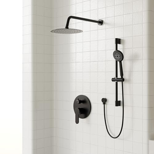Gabrylly Shower System, Slide Bar Shower Faucet Set, 10", Matte Black | Rainfall Shower Head with 5-Setting Handheld Spray, Wall Mounted Shower Set Included 2-Way Shower Valve and Trim Kit - color: Matte Black, size: 10 Inch