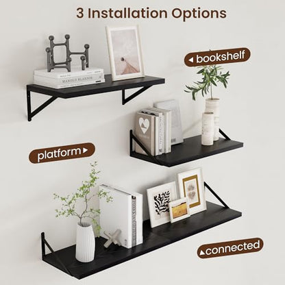 Deep Floating Shelves Black- 24 Inch Wide x 12 Inch Deep Wall Shelves Set of 2 - Black Wood Wall Shelves for Living Room Bedroom Laundry Room - color: Black, size: 24W x 12D