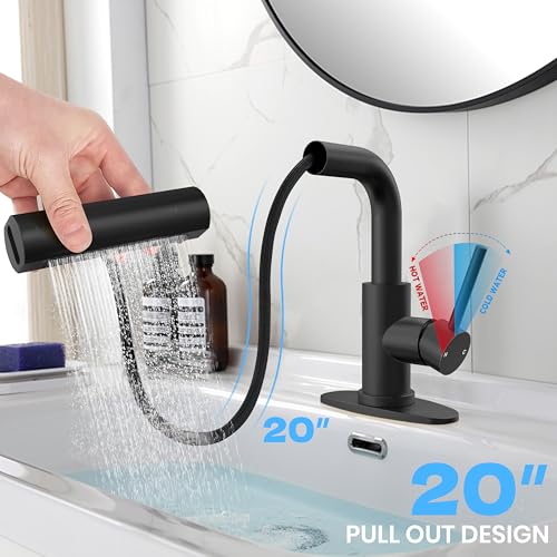 Matte Black Bathroom Sink Faucet with Pull Down Sprayer - 4 Mode Single Handle Vanity Faucet Waterfall Bathroom Faucet with Pull Down Sprayer (No Drain) - color: Black