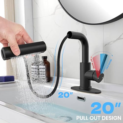 Matte Black Bathroom Sink Faucet with Pull Down Sprayer - 4 Mode Single Handle Vanity Faucet Waterfall Bathroom Faucet with Pull Down Sprayer (No Drain) - color: Black