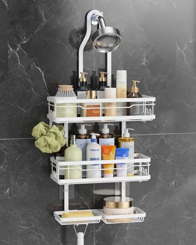 OMAIRA Shower Caddy Hanging with Soap Scrub Holder, Stainless Steel Adjustable No Drilling Non-Slip Large Capacity Sturdy Over Shower Head Shower Organizer Inside Shelves Bathroom Storage Rack, White - color: White