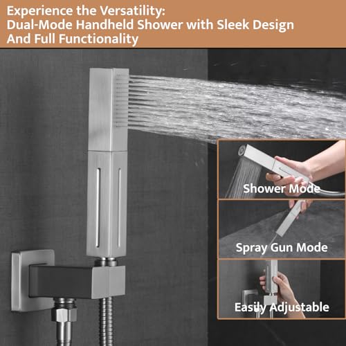 Thermostatic Shower System Brushed Nickel, Push Button Diverter Shower Faucet with 2 in 1 Handheld, Ceiling Mount 12 Inch Shower Head with 6 Inch Wall Mount Shower Head - color: Brushed Nickel, style: 12 Inch