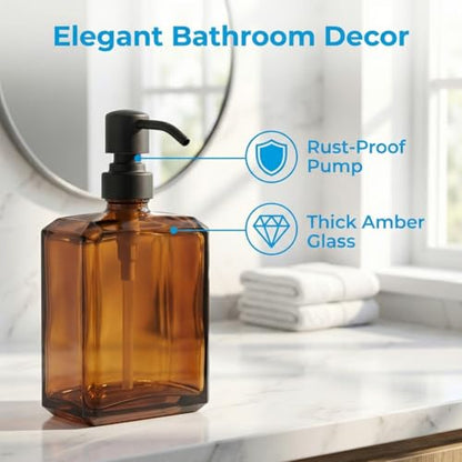 Amber Soap Dispenser Square Bottle and Oil Rubbed Bronze Pump, Glass Dish Soap Dispenser with Stainless Steel Pump, 13.5 oz Lotion Dispenser for Bathroom, Kitchen Countertop - color: Amber Bottle With Oil Rubbed Bronze Pump, size: 13.5oz-Square