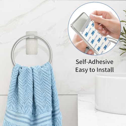 STWWO Hand Towel Holder for Bathroom, Brushed Nickel Towel Ring Adhesive | Bathroom Towel Holder Self Adhesive for Bath RV Kitchen, No Drill Hole - color: Brushed Nickel