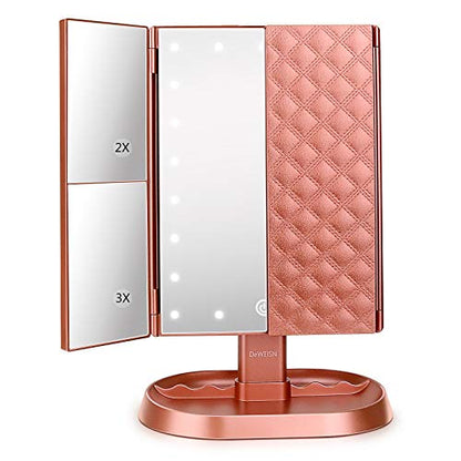 Trifold Lighted Vanity Makeup Mirror with 21 LEDs Lights,1x/2x/3x Magnification and Touch Screen Dimming,Two Power Supplies Makeup Mirror, Gift for Women - color: Rose Gold