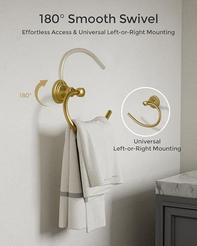 Gold Towel Ring Wall Mounted for Bathroom, Hand Towel Holder | Brushed 304 Stainless Steel Heavy Duty Towel Hanger Waterproof & Rustproof Towel Holder Raised Base - color: Gold