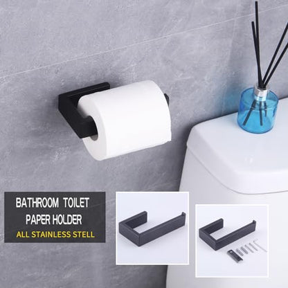GERZWY Bathroom Accessory 3-Piece Set SUS 304 Stainless Steel Toilet Paper Holder Towel Ring Towel Hooks Wall Mount, Matte Black HG1708-3BK - color: Matte Black