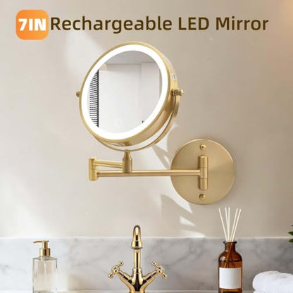 Wall Mounted Makeup Mirror with Lights, 8" Rechargeable 1X/10X Magnifying Mirror, 360° Swivel Extendable Arm, 3 Color LED (1, Gold) - color: Gold