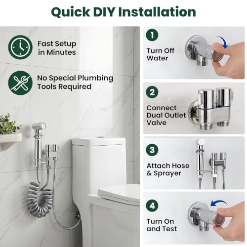 Handheld Bidet Sprayer for Toilet 1 in 2 Out Dual Control Valve, 304 Stainless Steel with Adjustable Pressure, Easy Installation Sprayer Kit for Bathroom Toilet Pet Cleaning