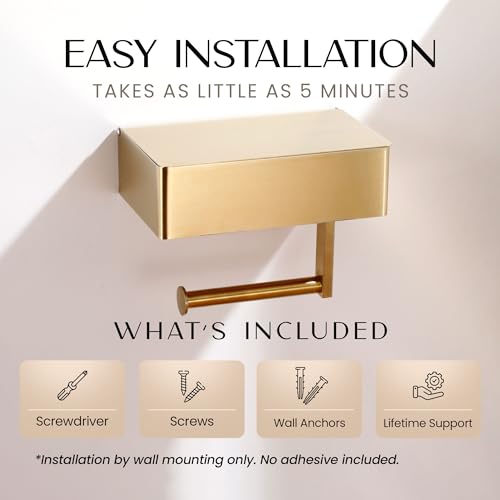 Day Moon™ - Toilet Paper Holder with Shelf - Modern Roll Holder for Bathroom - 1 Pack - Wall Mount - with Storage, Gold - color: Gold
