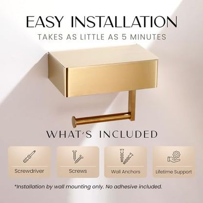 Day Moon™ - Toilet Paper Holder with Shelf - Modern Roll Holder for Bathroom - 1 Pack - Wall Mount - with Storage, Gold - color: Gold