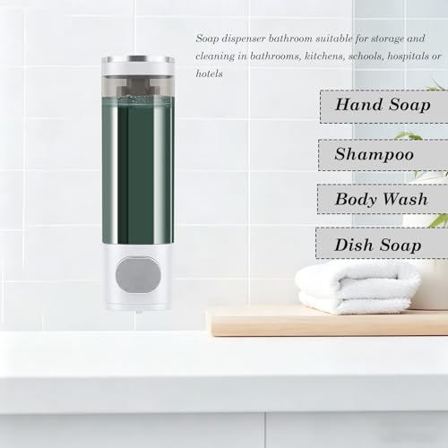 10oz/300ml Single Manual Wall Mounted Soap Dispenser, Silver & White | Bathroom Shampoo and Conditioner Dispenser, Clear Plastic Refillable Liquid Lotion Pump Dispenser and Organizer - color: White & Silver