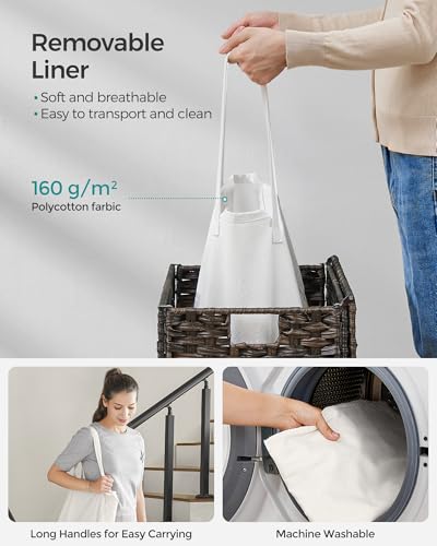 SONGMICS Laundry Hamper with Lid, 23.8 Gallon (90 L) Synthetic Rattan Clothes Laundry Basket with Lid and Handles, Foldable, Removable Liner, Chestnut Brown ULCB051K02 - color: Chestnut Brown, size: 90 L