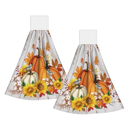 Giwawa Autumn Pumpkin Kitchen Hanging Towel Set of 2 Sunflower Wood Fingertip Dish Tie Towels Fast Drying Washcloth for Bathroom Laundry Tabletop - color: Autumn Pumpkin Wood