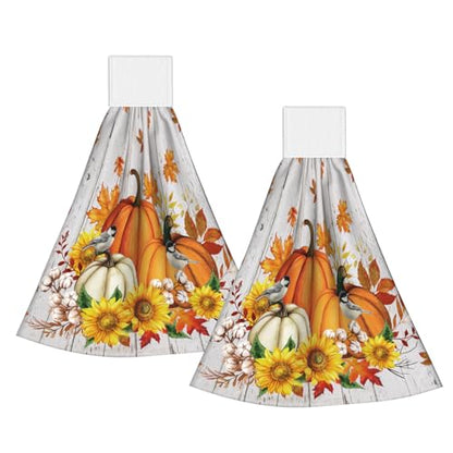 Giwawa Autumn Pumpkin Kitchen Hanging Towel Set of 2 Sunflower Wood Fingertip Dish Tie Towels Fast Drying Washcloth for Bathroom Laundry Tabletop - color: Autumn Pumpkin Wood