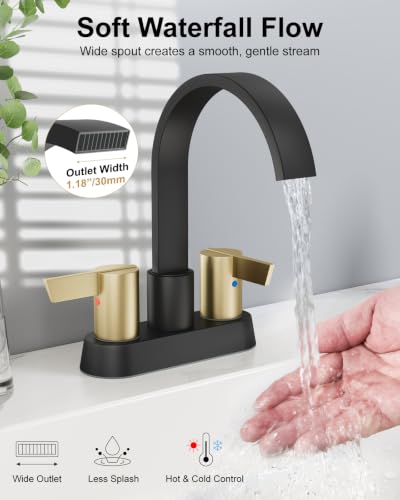 Black and Gold Bathroom Faucet,4 Inch Centerset 2-Handle Waterfall | Includes Pop-Up Drain,24-Inch Supply Lines,Mounting Hardware,SUS304 Stainless Steel Construction,And A 360° Swivel Spout - color: Black and Gold