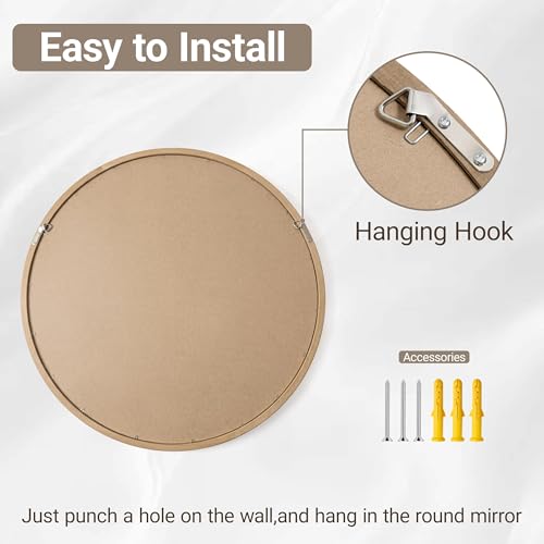 Brakki Round Wall Mirror with Wood Frame, 24" Circle Mirror for Bathroom | HD Shatterproof Glass, Hanging or Leaning, Wall Mounted Decor, for Bedroom Entryway Vanity Living Room, Walnut